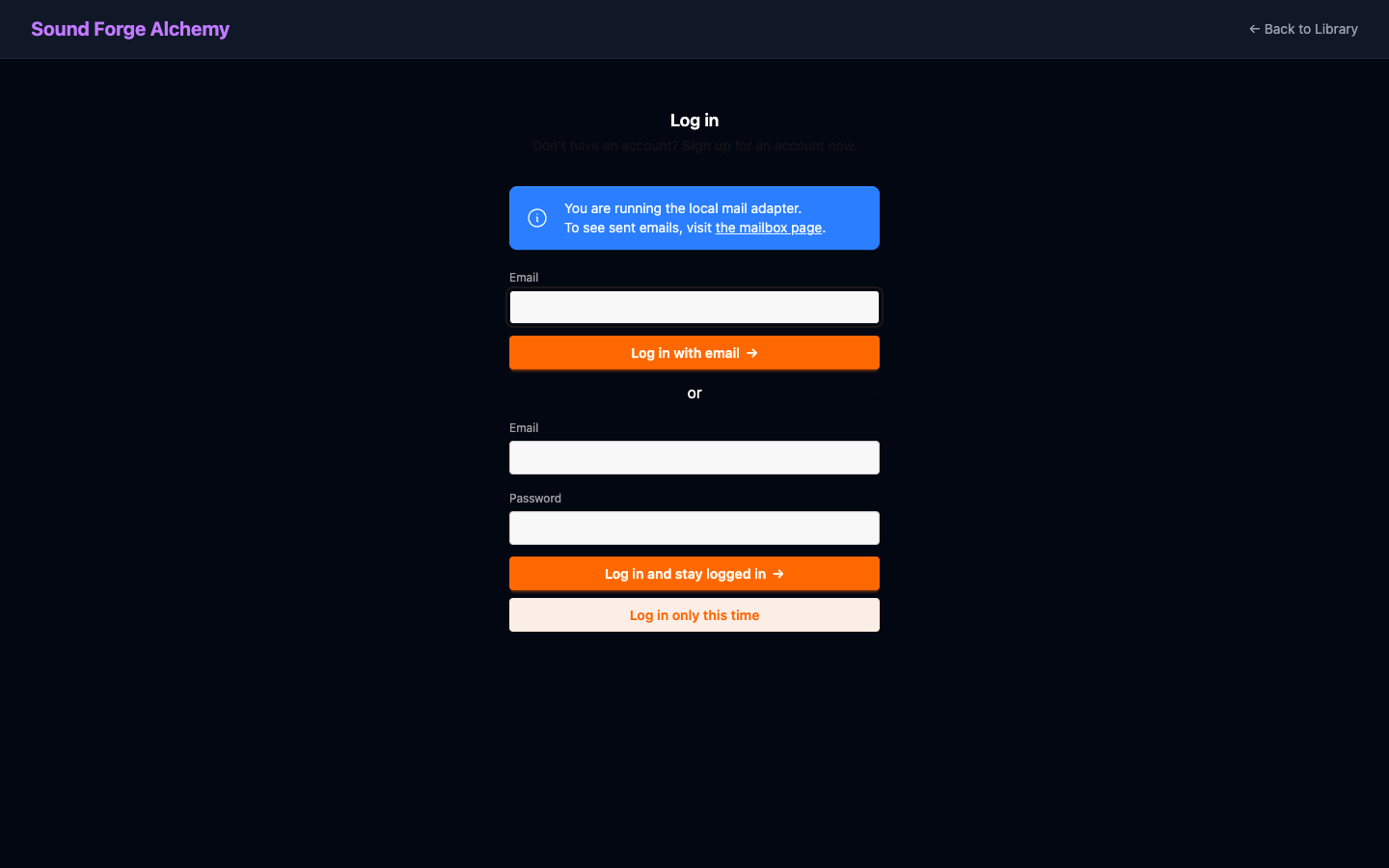 Login page with magic link and password authentication