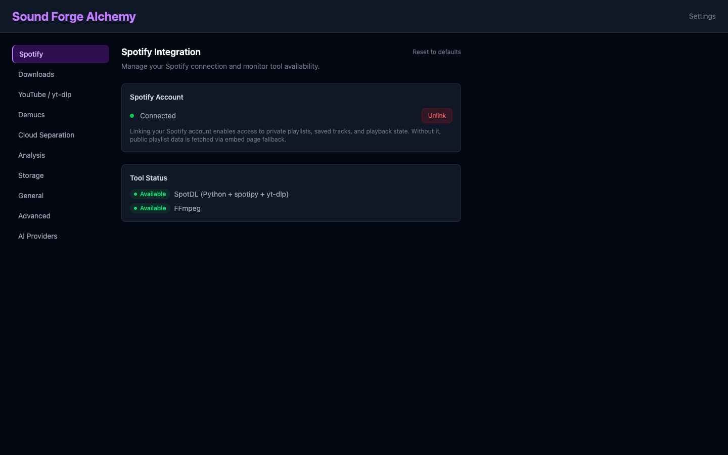 Settings page showing Spotify Integration panel with green Connected dot and Tool Status section listing SpotDL and FFmpeg as Available
